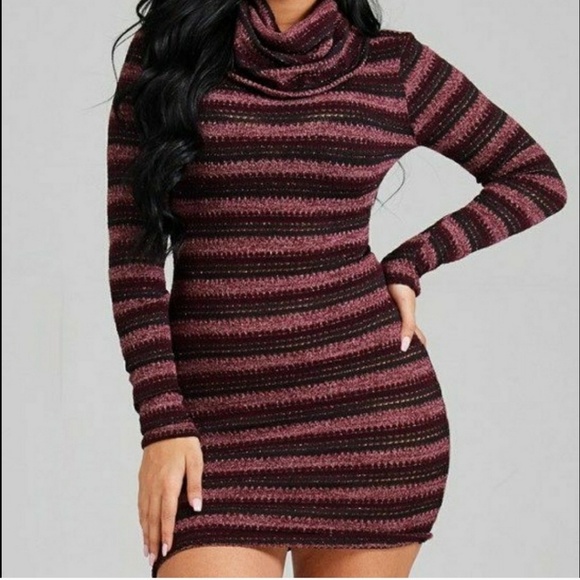 Striped Burgundy Turtle Neck Sweater Dress - Picture 1 of 5
